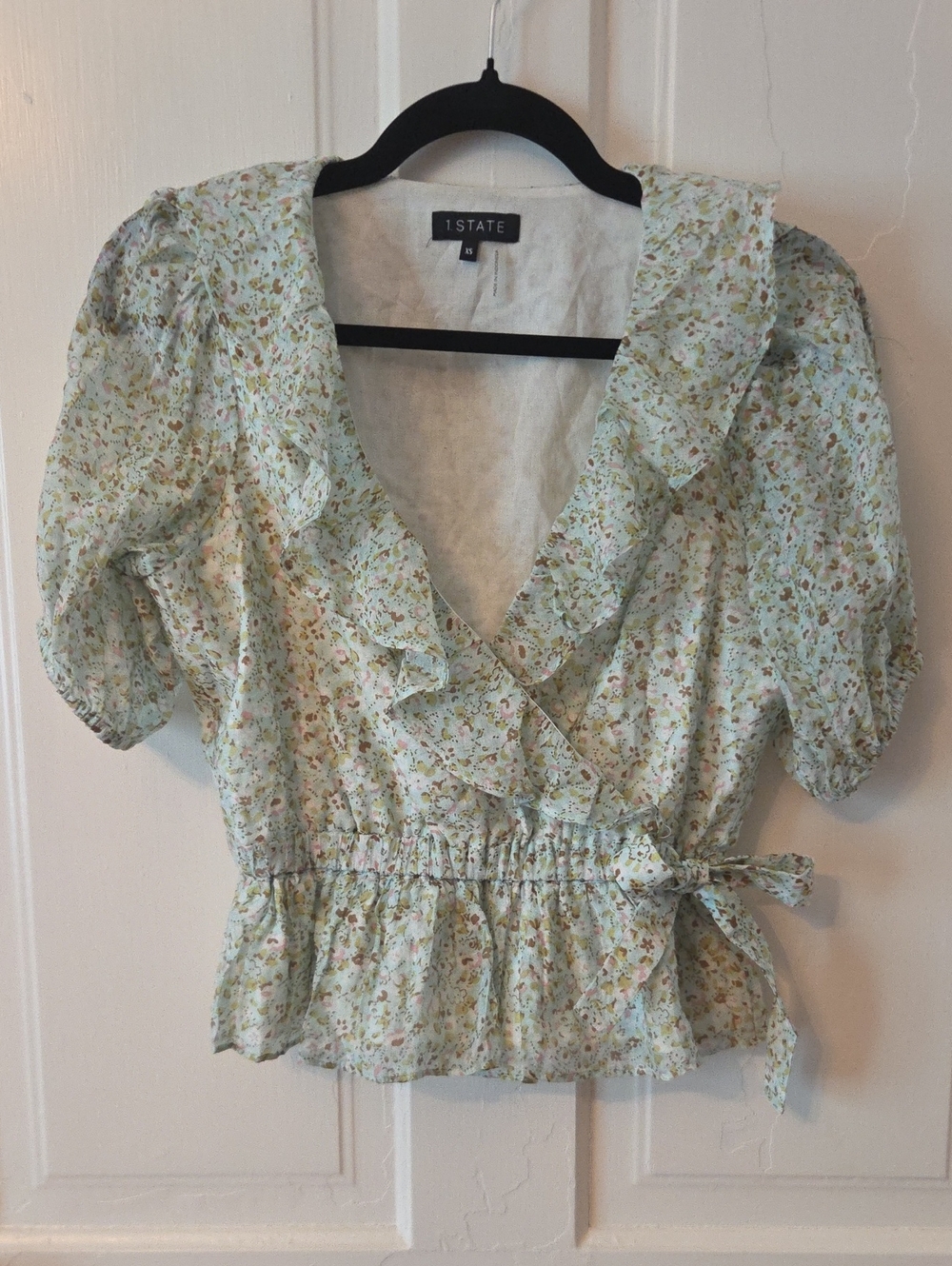 1. State Mint Green Floral Ruffle Tie-Waist Blouse